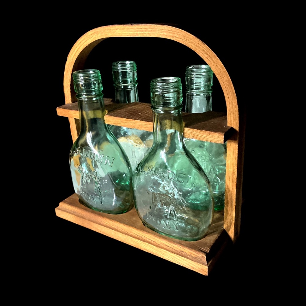 Vintage Almaden Pony Green Glass Wine Bottles in Wood Carrier